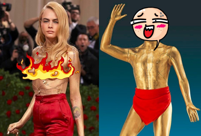 时尚超模卡拉迪乐芬妮裸露上身涂满金漆的辣照竟被拿来跟「控八控控」铜人对照。（图／取自IG、网路梗图）