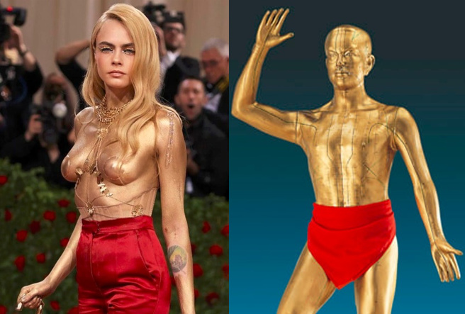 时尚超模卡拉迪乐芬妮裸露上身涂满金漆的辣照竟被拿来跟「控八控控」铜人对照。（图／取自IG、网路梗图）