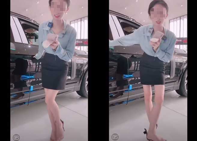 有名大陆OL开直播推销汽车，但是她在直播中不时的狂蹭双脚，让网友大笑「是尿急吗」。（翻摄自脸书爆废公社）