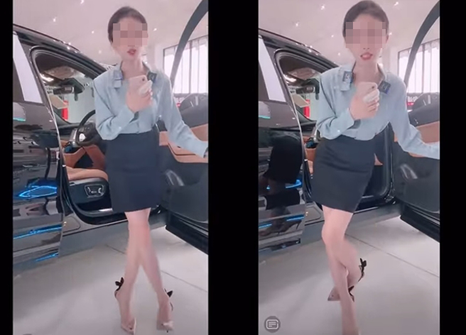 有名大陆OL开直播推销汽车，但是她在直播中不时的狂蹭双脚，让网友大笑「是尿急吗」。（翻摄自脸书爆废公社）