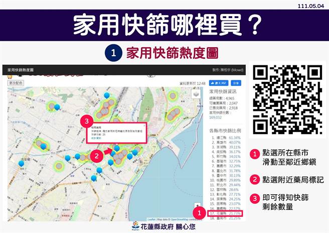 花蓮縣衛生局整理縣內實名制快篩試劑地圖，製作QRcode，民眾只要掃條碼，即可知道住家附近有賣快篩，以及剩餘數量。（花蓮縣政府提供／羅亦晽花蓮傳真）