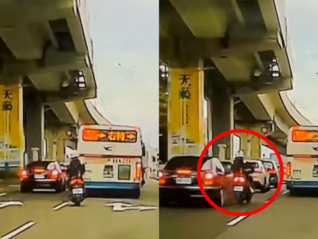 高职生骑车时为了超越前方公车，切换车道未注意前方车辆，当场「刷卡」3辆轿车，有网友认出其中2辆车还是宾士和Lexus，网友笑说「赔惨了」。（翻摄自脸书社团「细说淡水」）