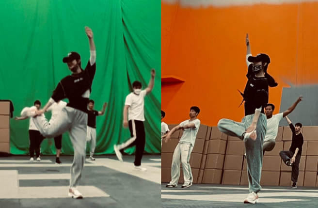 赵丽颖也跟风当起「刘畊宏女孩」，和一群壮男们同框激烈做运动。(图/ 摘自赵丽颖微博)