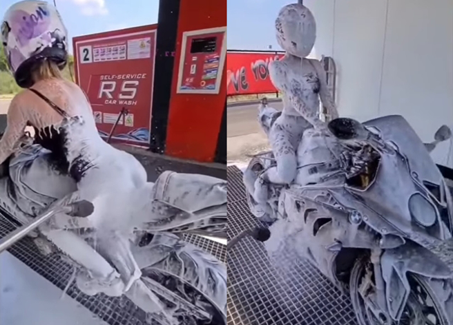 國外有名身材姣好正妹享受被洗車泡沫噴滿全身，網友一見嗨翻「2個老婆一起洗」。（翻攝自爆廢公社公開版）