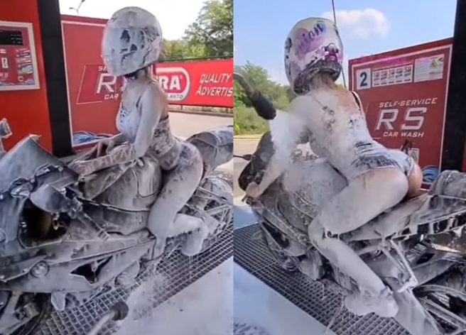 國外有名身材姣好正妹享受被洗車泡沫噴滿全身，網友一見嗨翻「2個老婆一起洗」。（翻攝自爆廢公社公開版）
