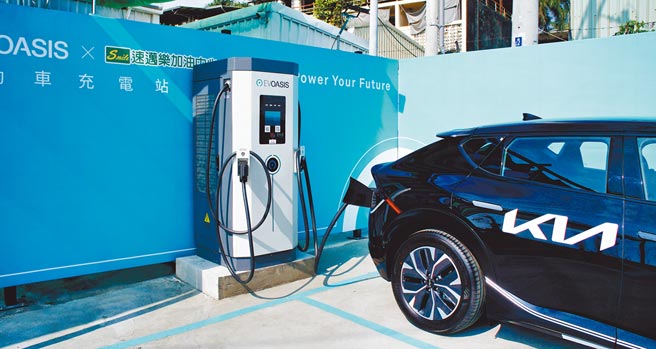 EVOASIS首座示范超级充电站 于台南永康速迈乐正式启用（台南市永康区中正北路735号），现场提供2个充电车位，并具备双枪头规格CCS1＋CCS2，可供特斯拉，及其他车种充电。图／EVOASIS提供