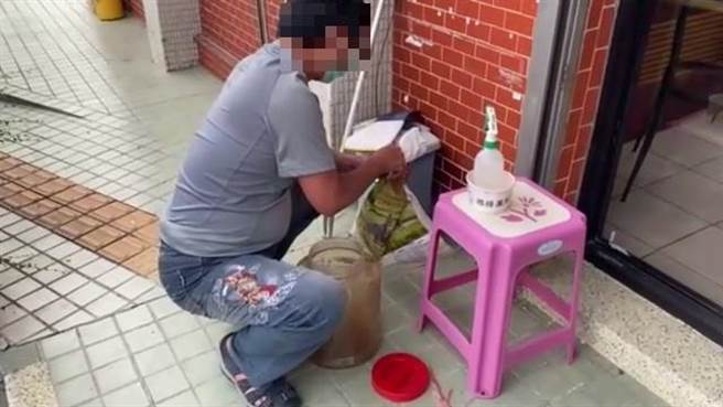 妇人拿着装有眼镜蛇的布袋进派出所要报案，拜托员警协助处理，经连繫农委会派员到派出所处理，才发现具有毒性的眼镜蛇。（雾峰警分局提供）