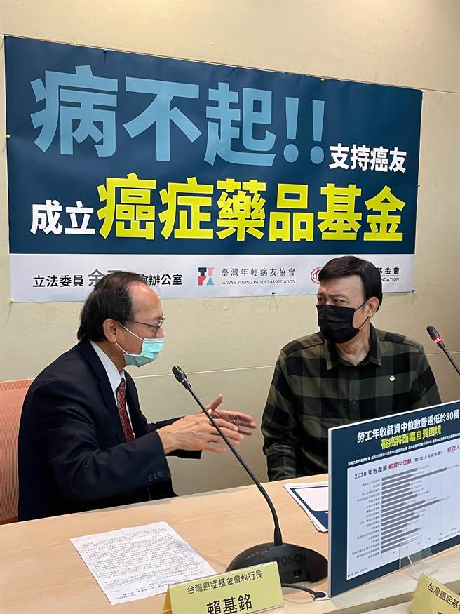 民進黨立委余天今（5日）攜手台灣年輕病友協會、台灣癌症基金會共同舉辦記者會籲政府仿效英國，盡速設立「台灣癌症藥品基金」（CDF）。（葉書宏攝）