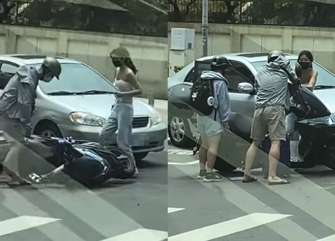 有位騎士爸爸載著小孩在路口被右轉車擦撞倒地，正妹駕駛下車小跑步向前關心並幫忙扶車。（翻攝自臉書爆廢公社）