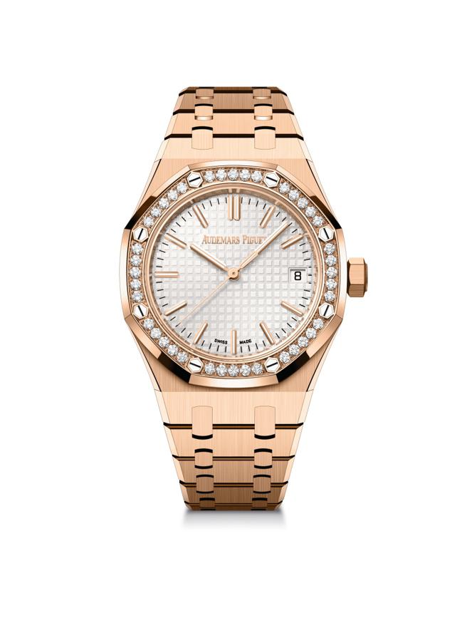 爱彼表皇家橡树Royal Oak系列自动上炼玫瑰金钻表，37mm，银白色表盘， 176万6000元。（Audemars Piguet提供）