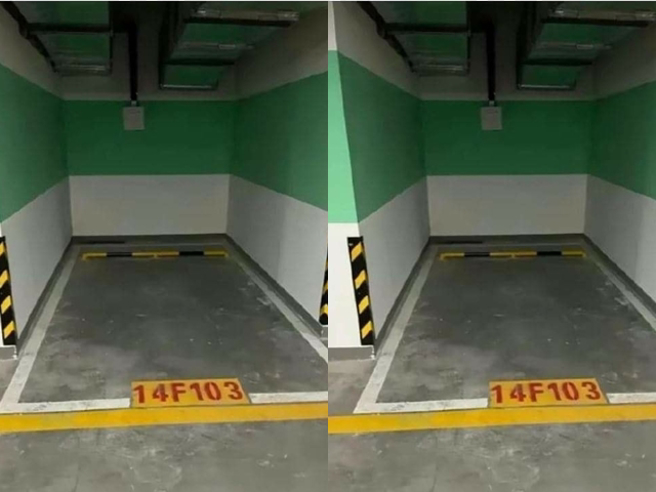 網路上1張圖片瘋傳，1處停車格竟3面全是水泥牆，且兩側牆壁距離相當近，讓目擊網友問「車停進去後，人該怎麼出來」。（翻攝自臉書「爆廢公社」）