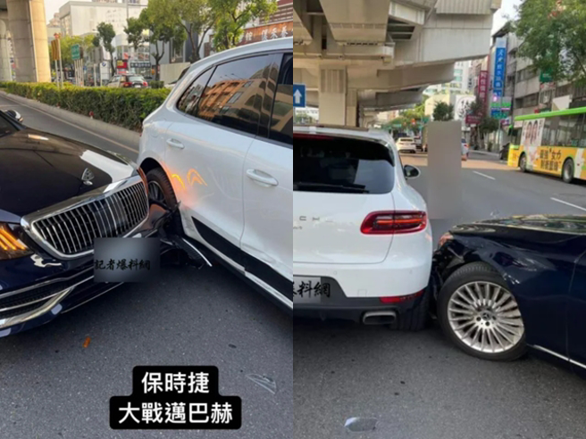 賓士車從後方追撞前方保時捷的右後方，造成2車車身毀損，而有眼尖目擊者發現，該款賓士車竟是要價888萬的「邁巴赫」新車，選配後要價破千萬。（翻攝自記者爆料網）