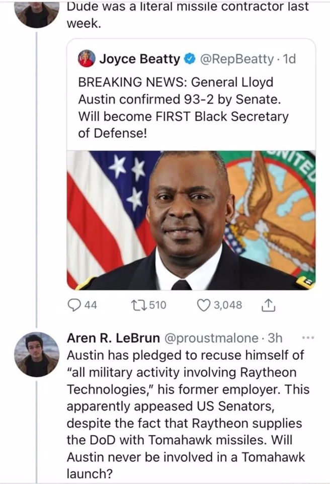 网友对奥斯汀获任防长的质疑——「他上周还是导弹承包商」。（取自网路）
