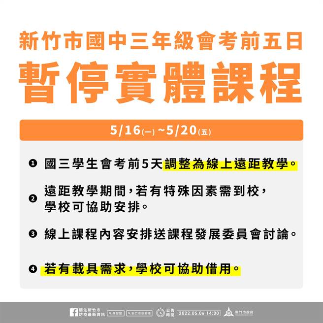 為迎戰會考，國三生從16日起改採遠距教學5天。（新竹市府提供／邱立雅竹市傳真）