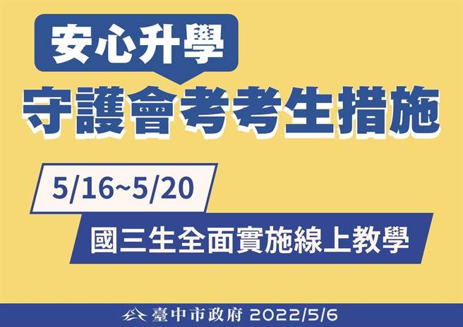 台中市教育局推出守護考生安心升學措施，國中三年級學生16日至20日暫停實體課程，會考前一周實施線上教學。（台中市政府提供／盧金足台中傳真）