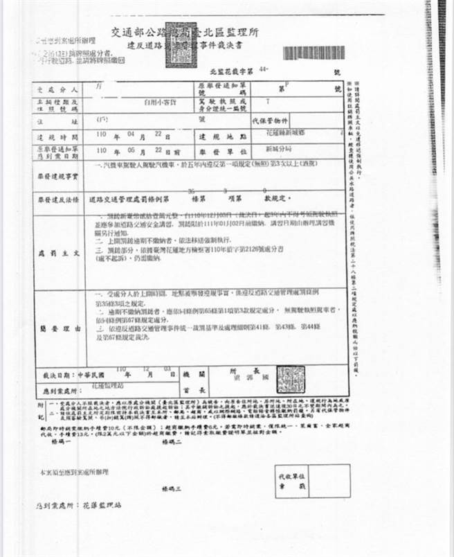 方男酒駕被查獲，監理機關發出裁決書。（花蓮分署提供／王志偉花蓮傳真）