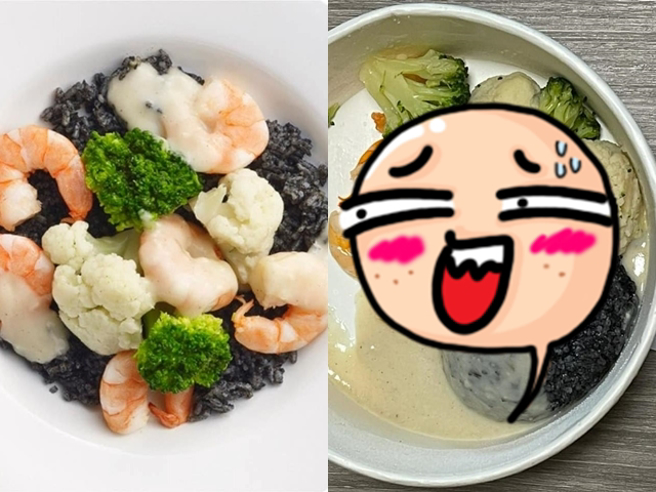 网友到IKEA外带1份新餐点「鲜虾墨鱼饭佐野菇白酱」，广告照片中餐点不但布满盘子，虾子、蔬菜也都鲜艳饱满，但他拿到实物后发现差很多。（翻摄自脸书「爆料公社」）