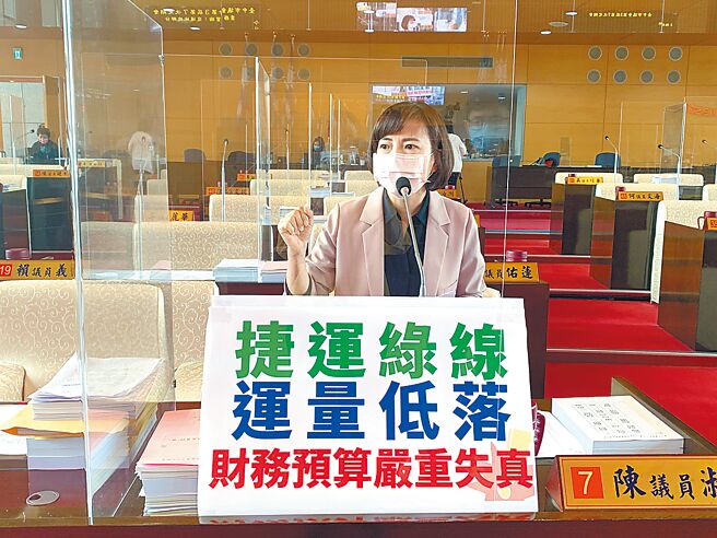 受疫情衝擊，台中捷運綠線單日運量銳減1萬多，市議員陳淑華擔心中捷虧損可能擴大。（林欣儀攝）