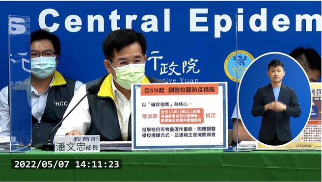 本土疫情居高不下，配合指揮中心調整防疫措施以「確診個案」為核心，教育部長潘文忠今(7)日在指揮中心記者會說明校園相關管理措施。(李侑珊翻攝)