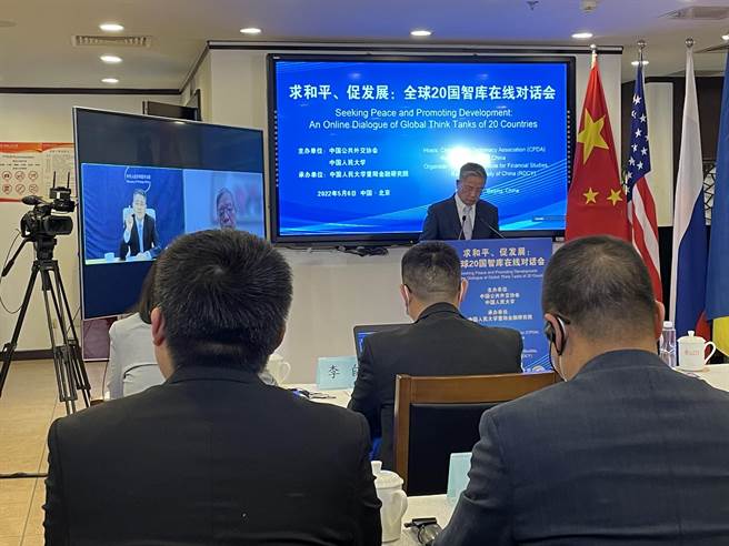 乐玉成视讯出席「求和平、促发展：全球20国智库线上对话会」。／中国外交部