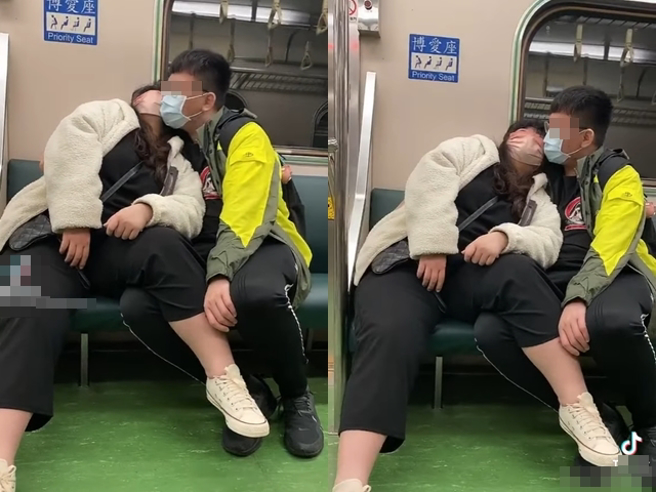 1对情侣在区间火车座位上放闪，身材圆润的女子坐在博爱座将1只腿跨在男方腿上，2人不时会隔着口罩脸贴脸。（翻摄自脸书「爆废公社二馆」）
