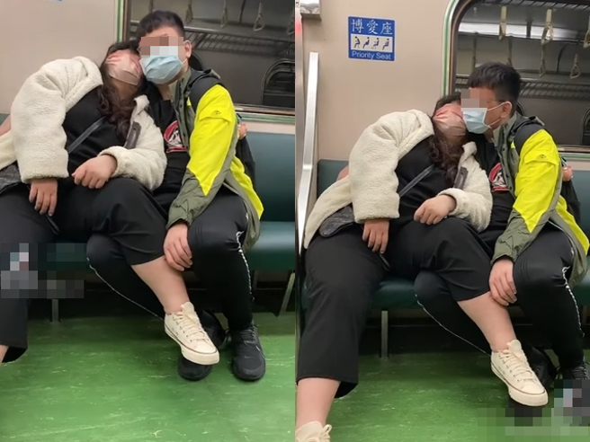 1对情侣在区间火车座位上放闪，身材圆润的女子坐在博爱座将1只腿跨在男方腿上，2人不时会隔着口罩脸贴脸。（翻摄自脸书「爆废公社二馆」）