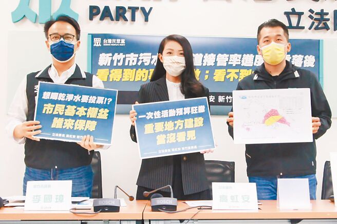 立委高虹安（中）炮轰新竹市政府污水下水道接管率低落，建置速度缓慢。（民眾党提供／邱立雅竹市传真）