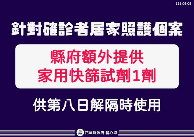 花莲县府针对确诊者居家照护个案，额外提供1剂家用快筛试剂，提供解隔首日使用，结果须成阴性才能返工。（花莲县政府提供／罗亦晽花莲传真）