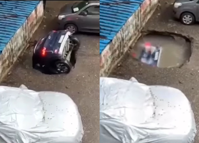 有辆汽车被天坑吞是没入水中，最后来冒出大量气泡，让网友吓歪「什么坑这么深」。（翻摄自爆废公社公开版）