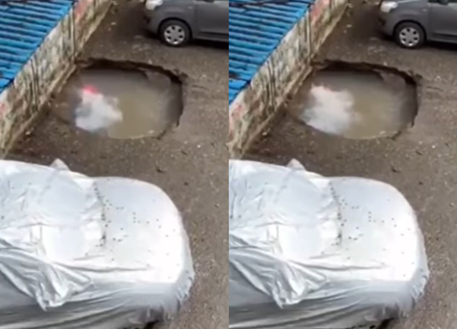 有辆汽车被天坑吞是没入水中，最后来冒出大量气泡，让网友吓歪「什么坑这么深」。（翻摄自爆废公社公开版）