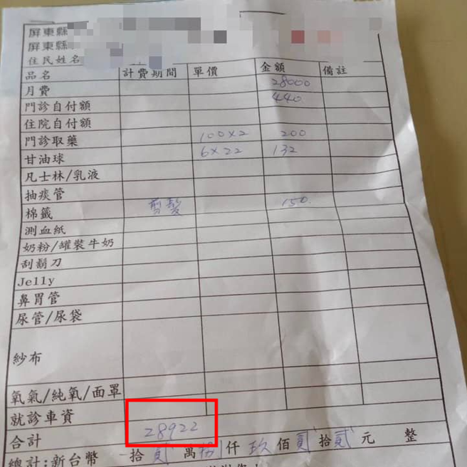 外婆的安养院费用每月要2万多，正妹感嘆快一个月的薪水。（翻摄自脸书爆废公社）