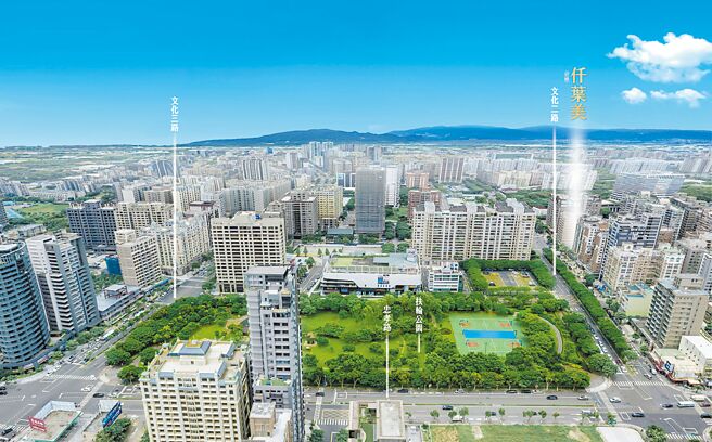 林口文化二路大道上的仟叶美为SGS国际验证建筑，周遭坐拥林口十大建设。 （图片／业者提供）