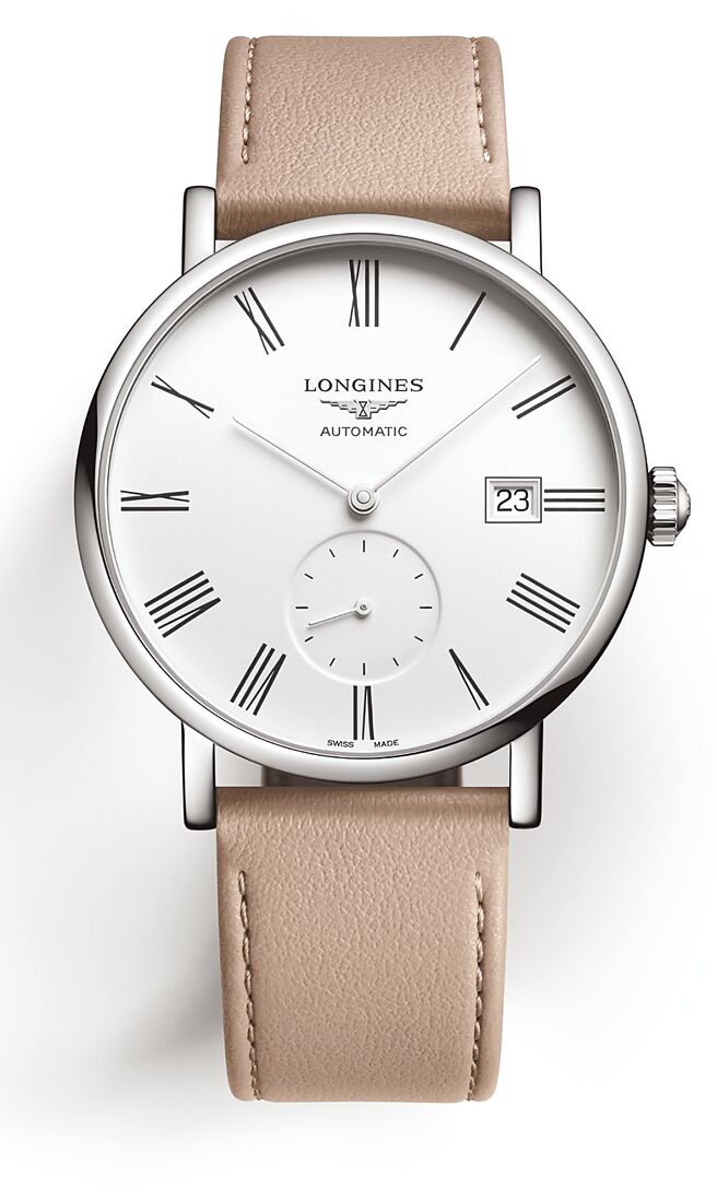 浪琴表Elegant 优雅系列腕表，皮表带是以苹果、玉米再制而成，6万5300元。（Longines提供）