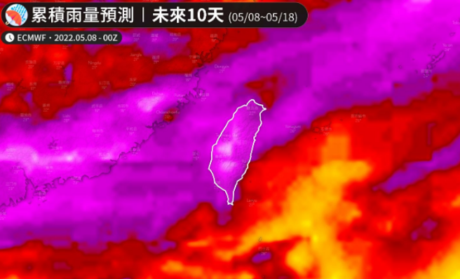 「紫色雨带」笼罩，台湾地区未来天气相当不稳定。（翻摄颱风论坛脸书）