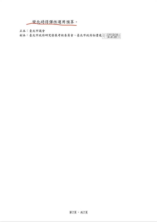 台北市政府公文。（台北市議員許淑華提供／張立勳台北傳真）
