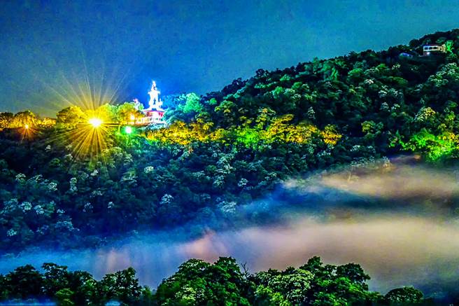 横山乡大山背在下雨后云雾缭绕，出现「琉璃云海桐花」美景。（罗浚滨摄）