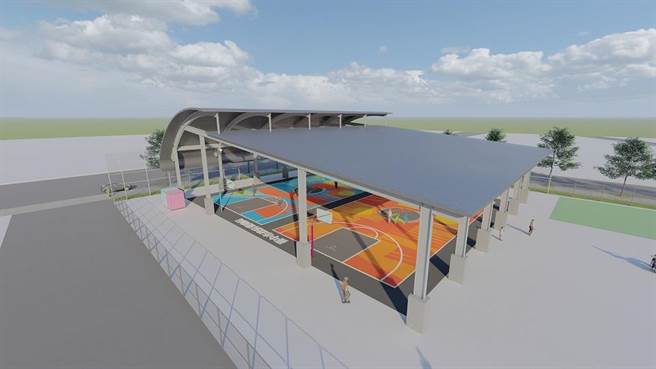 北屯区是台中市人口最密集的行政区，运动风气兴盛、打篮球人口眾多，却缺乏完善的场地，运动局斥资2400多万元，在北屯区公所旁极限运动场打造2座风雨球场，还附设夜间照明、无障碍厕所，预计年底完工。（模拟示意图／台中市运动局提供）
