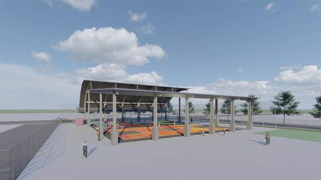 北屯区是台中市人口最密集的行政区，运动风气兴盛、打篮球人口眾多，却缺乏完善的场地，运动局斥资2400多万元，在北屯区公所旁极限运动场打造2座风雨球场，还附设夜间照明、无障碍厕所，预计年底完工。（模拟示意图／台中市运动局提供）