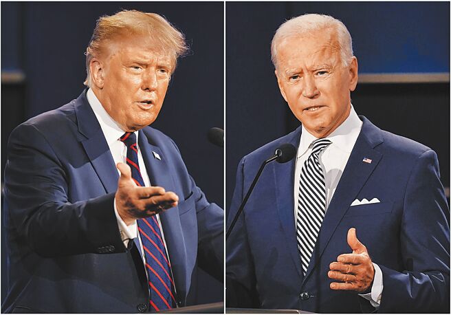 美國媒體分析，2024年美國總統大選由現任總統拜登（右）和前任總統川普（左）再進行第二戰的呼聲越來越高。圖為2020年拜登和川普進行總統大選辯論。（美聯社）