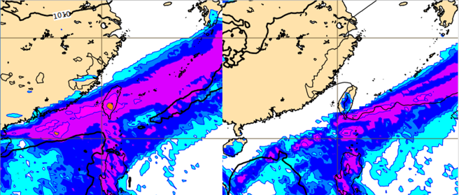 最新(9日20时)欧洲(ECMWF)模式模拟显示，下周一(16日20时)「滞留锋」雨带笼罩台湾(左图)。下周二(17日20时)「滞留锋」雨带已南移至巴士海峡(右图)。(翻摄自「三立准气象· 老大泄天机」)