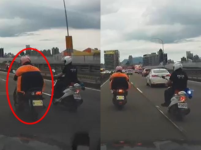 骑士不但违规行驶快车道、不骑机车道，甚至用「口罩挡车牌」，当场被警车看到，但骑士还不就范，先是从外线切到内线，最后被警车挡住才被逮。（翻摄自「爆料公社」）