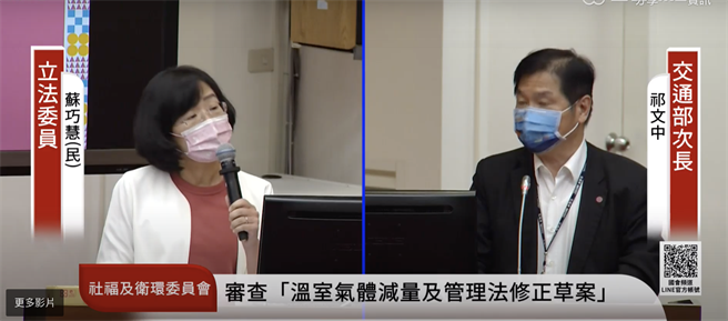苏巧慧表示，交通部的减碳行动方案几乎照抄《温管法》草案条文，交通部须彻底检讨。（截取自国会直播频道）