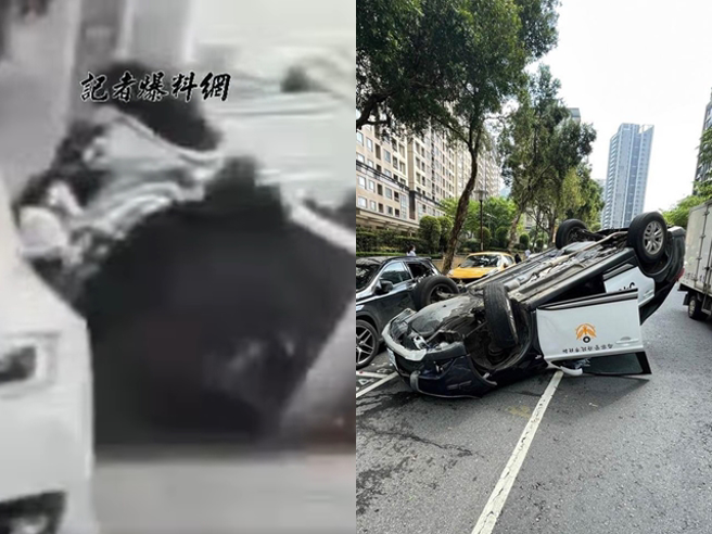 女警驾驶警车时失控开向路边，造成右车身撞击后，整车翻转成「四脚朝天」，遭撞的3辆轿车中，其中2辆分别是宾士和特斯拉，维修费用初估破百万。（翻摄自记者爆料网、警方提供）