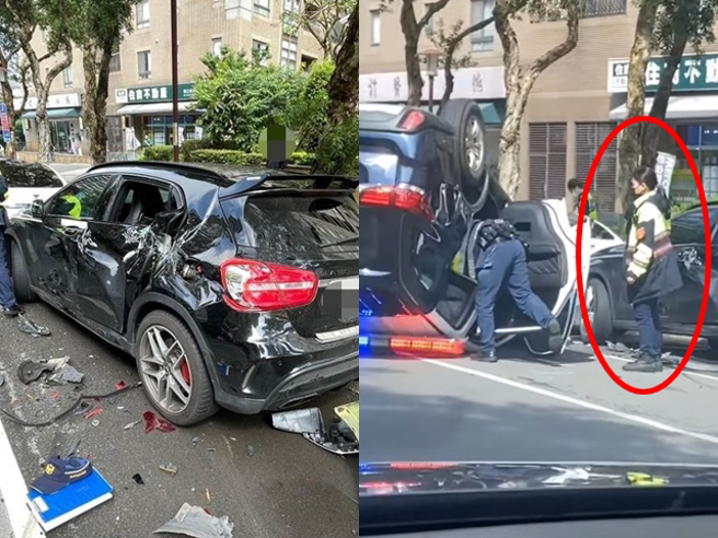 女警驾驶警车时失控开向路边，造成右车身撞击后，整车翻转成「四脚朝天」，遭撞的3辆轿车中，其中2辆分别是宾士和特斯拉，维修费用初估破百万。（翻摄自记者爆料网、警方提供）