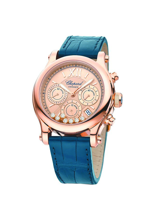 萧邦Happy Sport Chrono计时码表玫瑰金款，109万5000元。（CHOPARD提供）