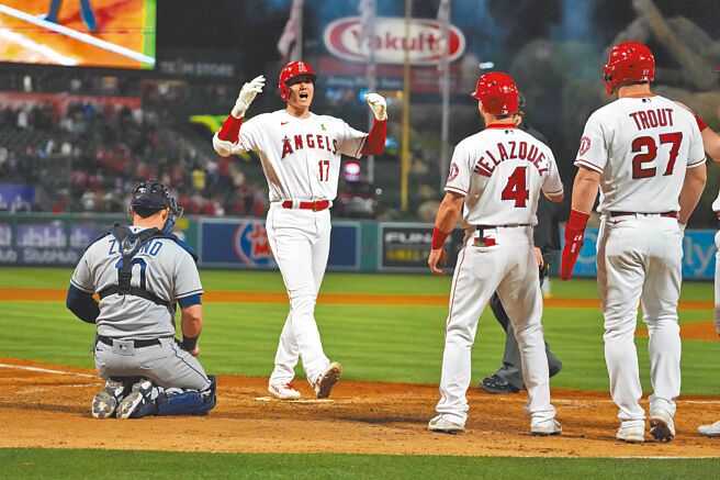 天使大谷翔平（左）對光芒擊出生涯首支滿貫全壘打後，回到本壘與得分的隊友擊掌慶祝。（路透）