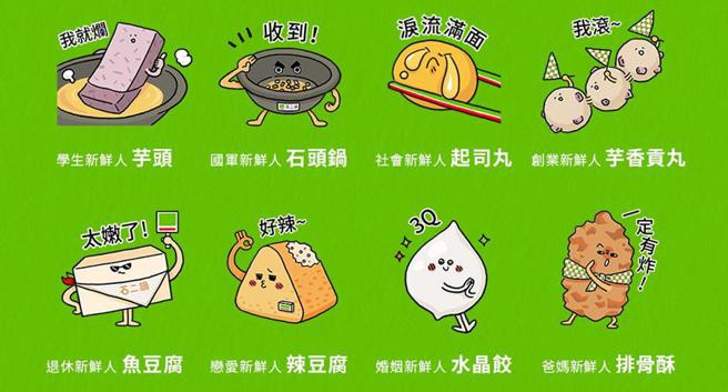 （「石二锅」7款人气火锅料和石头锅变身可爱贴图，加入「石二锅」官方LINE帐号就能免费下载。图／王品集团石二锅提供）