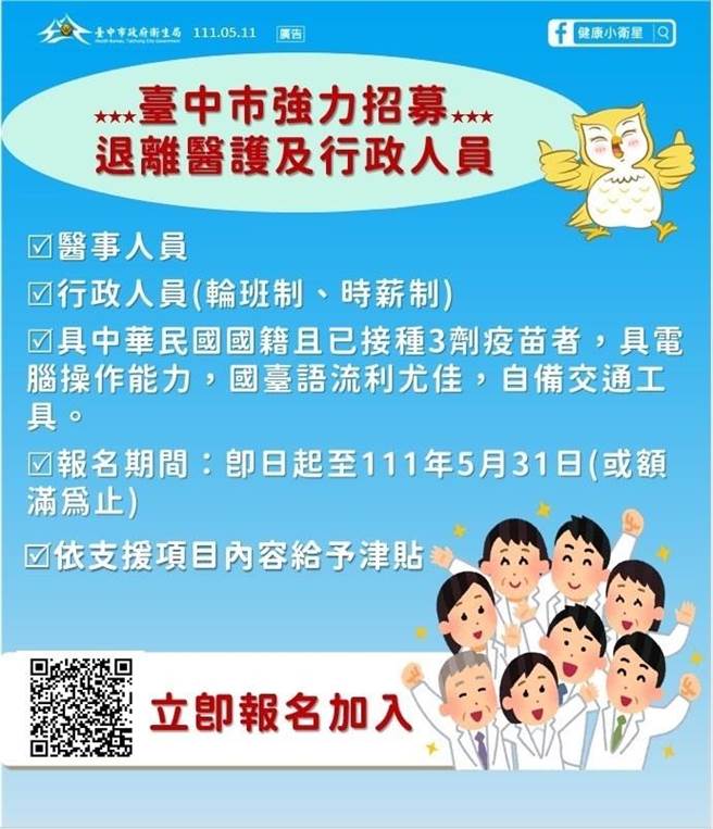 台中市衛生局強力招募退休或離職人員加入抗疫陣線，包含醫事專業及行政工作。（台中市政府提供）