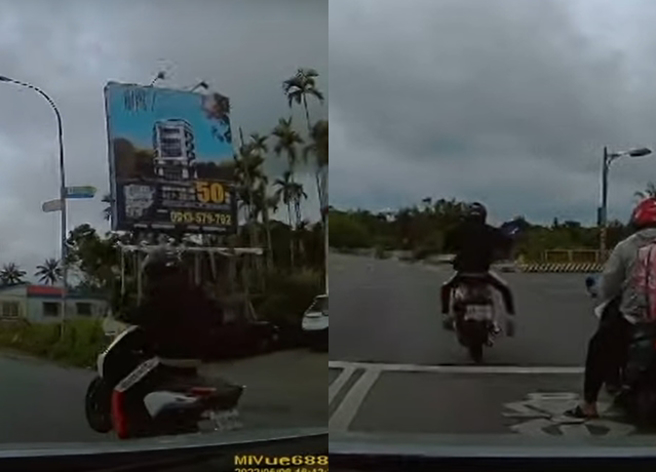 有汽车驾驶录下骑士「翘孤轮」行车，拍下违规画面举发成功。（翻摄自YouTube频道「WoWtchout - 地图型行车影像分享平台」）