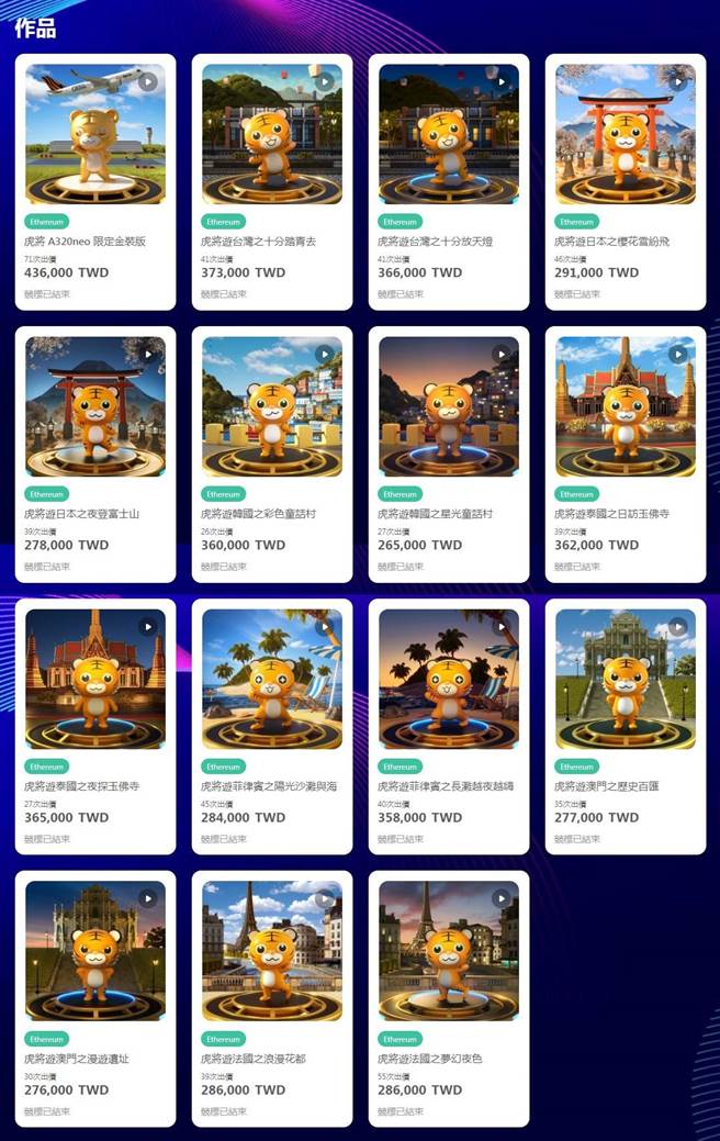 台灣虎航發行15顆NFT，起標價皆為15萬元，這次最高得標43萬6000元、最低得標26萬5000元。（台灣虎航提供／陳祐誠傳真）